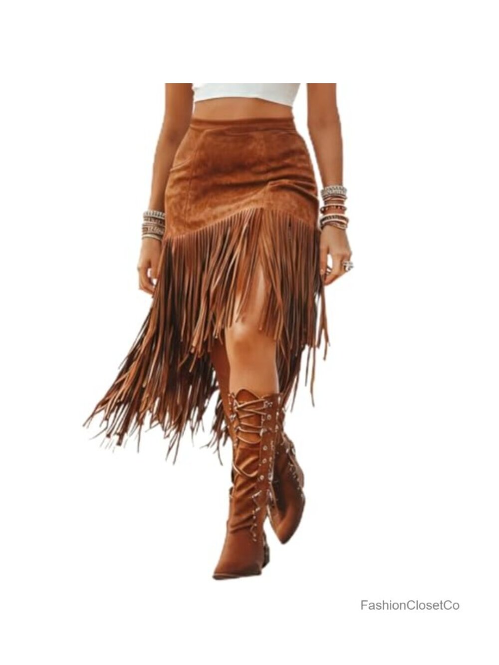 Faux Suede A-Line Skirt High Waist Fringe Tassel Midi